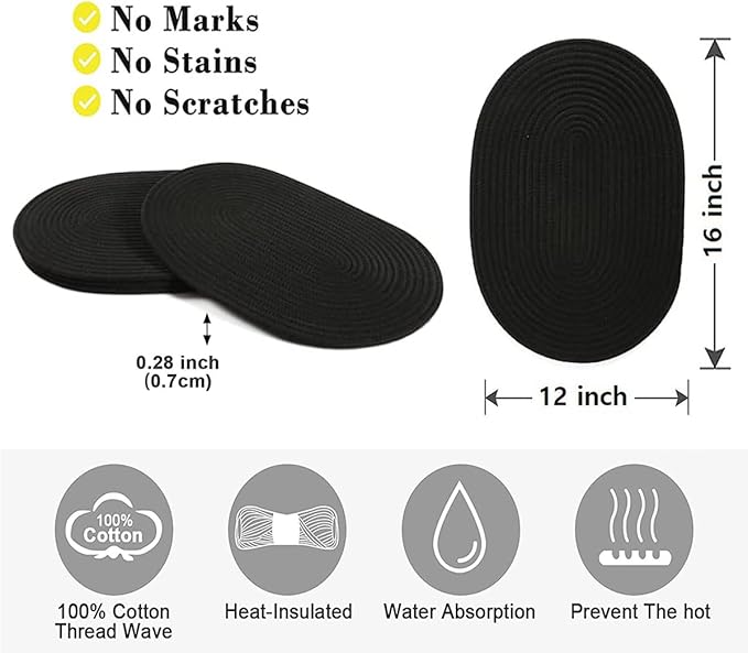 Oval Woven Placemats Set of 4, Rattan Placemats 12x16 Inch Cotton Wicker Placemats Farmhouse Boho Circle Braided Heat Resistant Outdoor Placemats Patio Table Place Mats (Black)