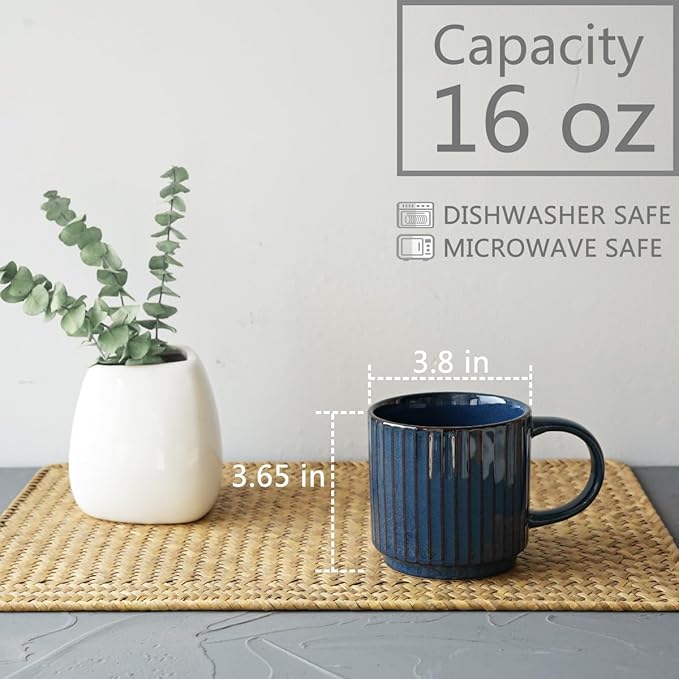 Bosmarlin Stackable Ceramic Coffee Mug Set of 4, 16 Oz, Coffee Cups, Microwave Safe, Unique Reactive Glaze (Prussian Blue, 16 Oz)