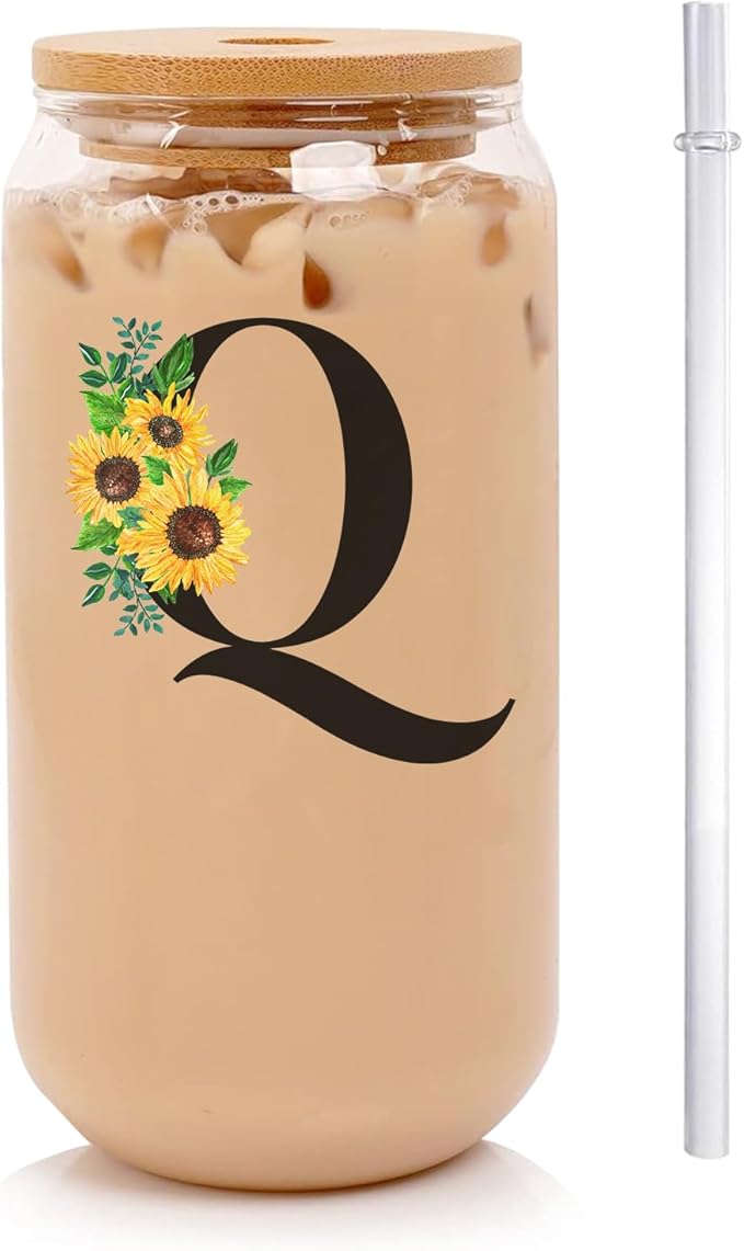 Initial Glass Cups Sunflower with Bamboo Lids and Straws,16oz Iced Coffee Mug Tumbler,Monogrammed Birthday Gifts Mother's Day Sunflower Gifts for Women,Mom,Friend,Sister