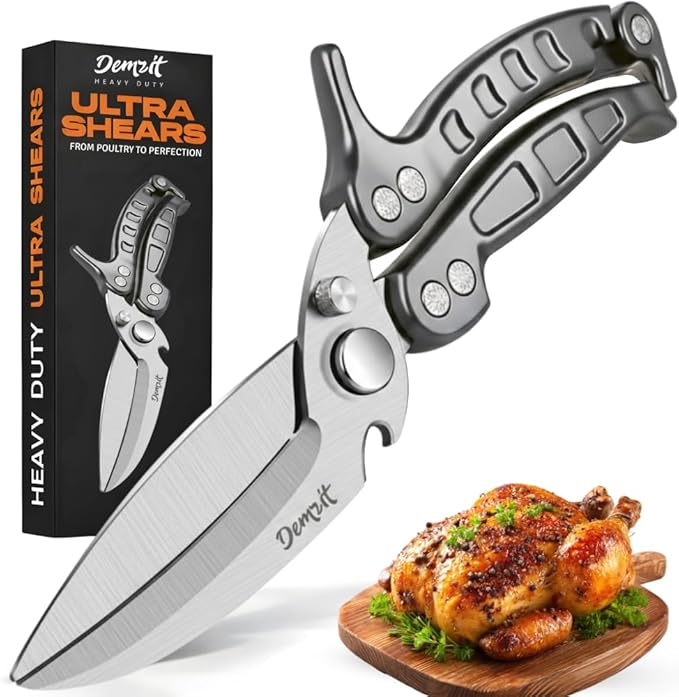 Poultry Shears Heavy Duty Professional, Turkey Shears for Chicken & Bone Cutting, Meat Cutting Scissors, Spring-Loaded Multi-purpose Kitchen Scissors, Dishwasher Safe, Non-Slip Handle, Silver