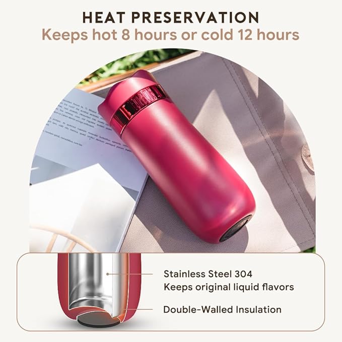 Travel Coffee Press, Vacuum Insulated Portable French Press, Stainless Steel Portable Coffee Maker/Tea Press, 12oz, Rose Red