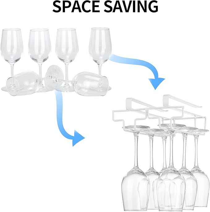 Wine Glass Rack Under Cabinet Drilling Free No Screw Steamware Holder Under Shelf Metal Wine Glasses Holders 304 Stainless Steel Hanger Storage Organizer Hanging Glass Fit for Bar Kitchen 2 Rows White