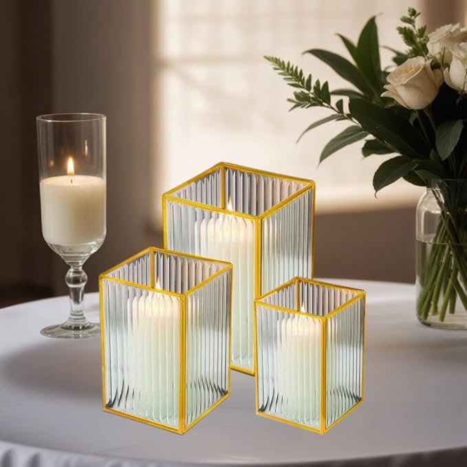 Koyal Wholesale Gold Ribbed Glass Hurricane Candle Holders, Set of 3