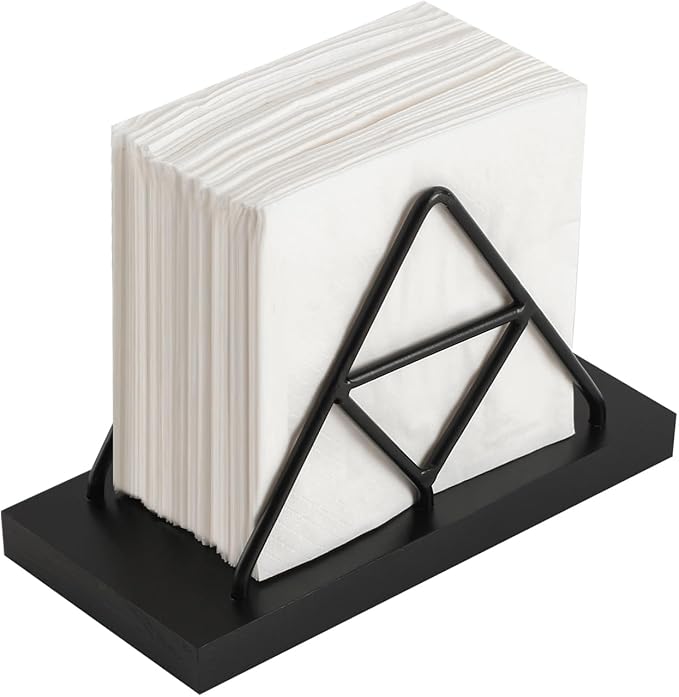 Napkin Holder, Metal Wire Triangle Shape & Wooden Paper Towel Holder, Napkin Holder for Table, Modern Napkin Dispenser for Kitchen, Table Decor, Cocktail Bar (Black)
