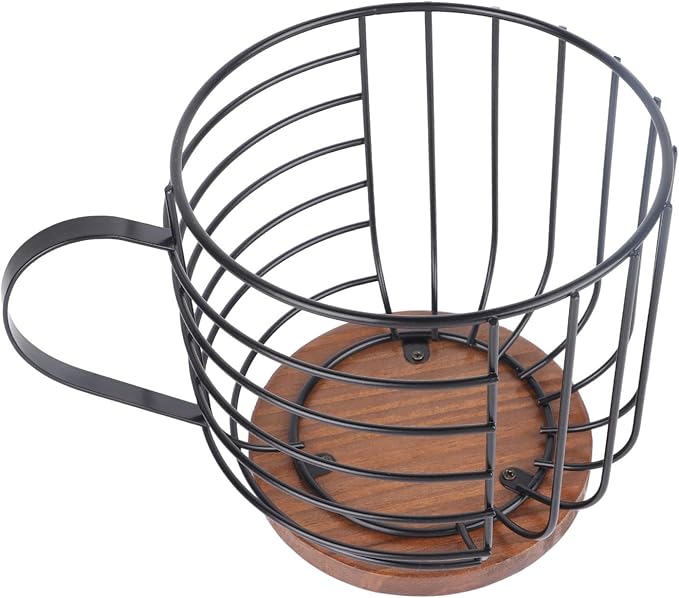 Qiilu Coffee Pod Holder - Large Capacity Black Wire Storage Basket with Wooden Base - Modern Coffee Capsule Decor for Kitchen Counter Accessory
