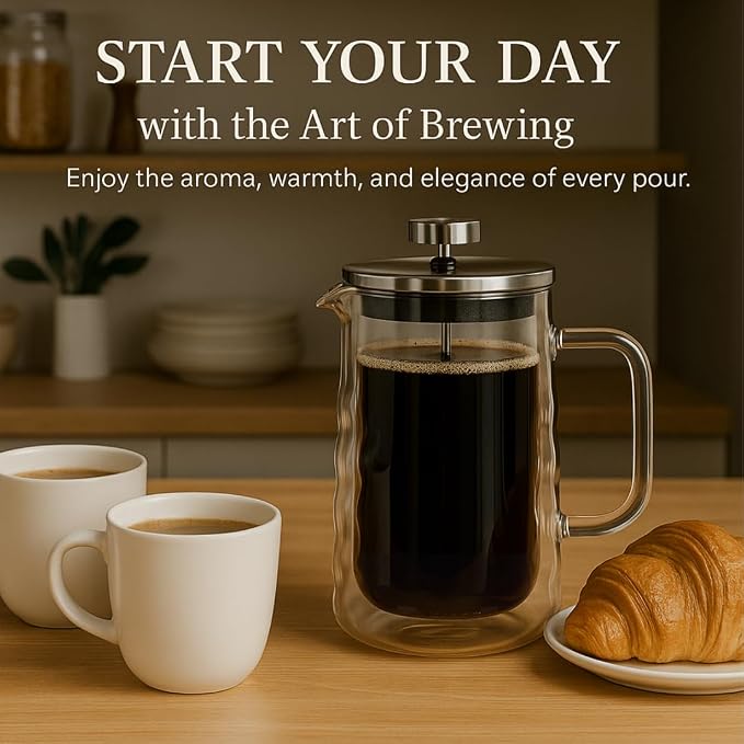 Wavy Glass French Press Coffee Maker 22oz – Cute Small French Press – Double-Wall Borosilicate Coffee Press with Stainless Steel Filter – Manual Coffee Brewer & Tea Press