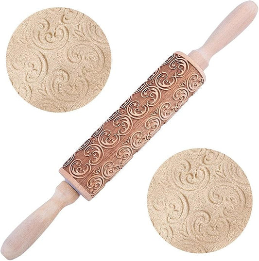 Embossed Wooden Rolling Pin Darker 3D Scrollwork Rattan 36cm Rolling Pin for Baking Biscuits DIY Kitchen Tool Baking Accessories Homemade Bakery Pastry Cookie Fondant Dough Pizza