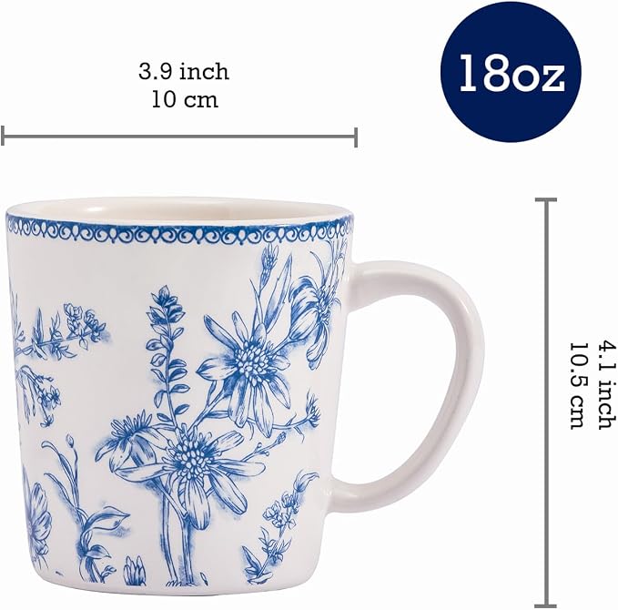 Bico Blue Garden Toile De Jouy Ceramic Coffee Mugs Set of 4, 18 oz Large Tea Cups with Handle, Aesthetic Latte Mugs for Cappuccino Cocoa, Lead-Free, Dishwasher and Microwave Safe, Housewarming Gift