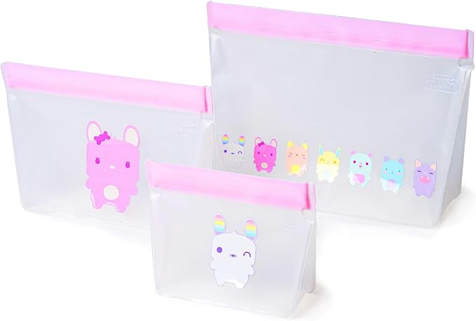 MUMI Piccolo Reusable Zip Up Bags – Set of 3 Silicone Zip lock Bags | Reusable Zip lock for Food Storage, Freezer, & Snacks | BPA-Free Airtight Silicone Storage for Travel & Meal Prep - Pink