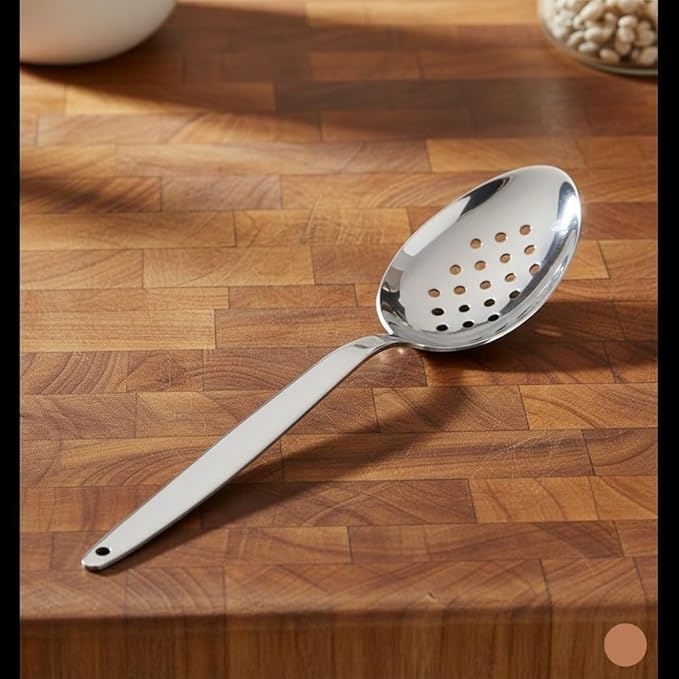 Chef Kunz Perforated Spoon | 9 Inch Silver 18/10 Stainless Steel Plating, Basting, Quenelle, Plating Spoon for Draining and Serving, Dishwasher Safe (Perforated)