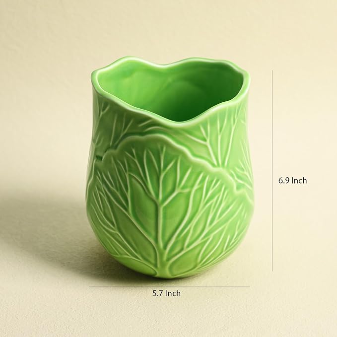 Ceramic Green Cabbage Kitchen Utensil Holder, Large Cooking Utensil Crocks for Countertop, Ocean Style Utensil Organizer for Spatula and Home, B