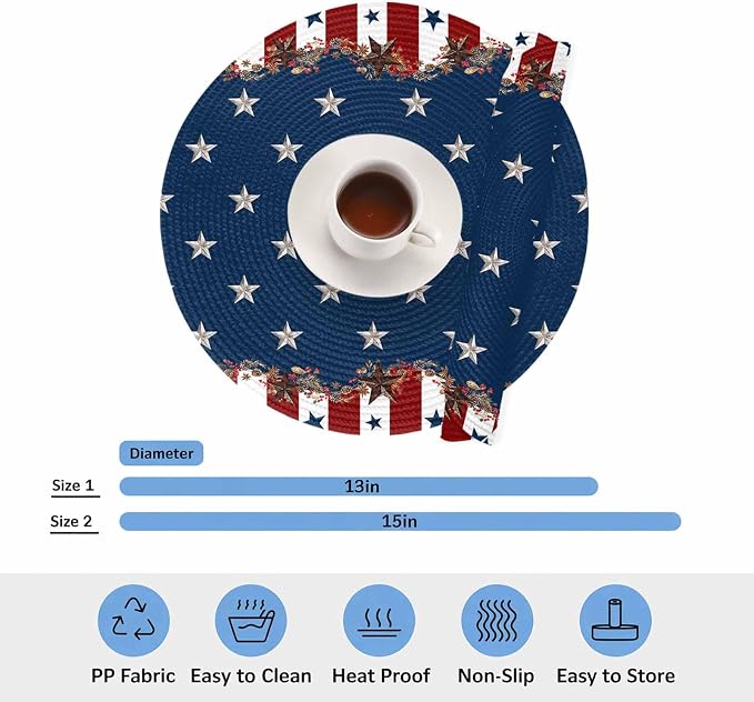 4th of July Round Placemats Set of 2 Rustic Star Stripes Place Mats Independence Day Woven Placemat Red White and Blue Circle Braided Table Mat for Kitchen Dining Table Holiday Party Decor 15 Inch