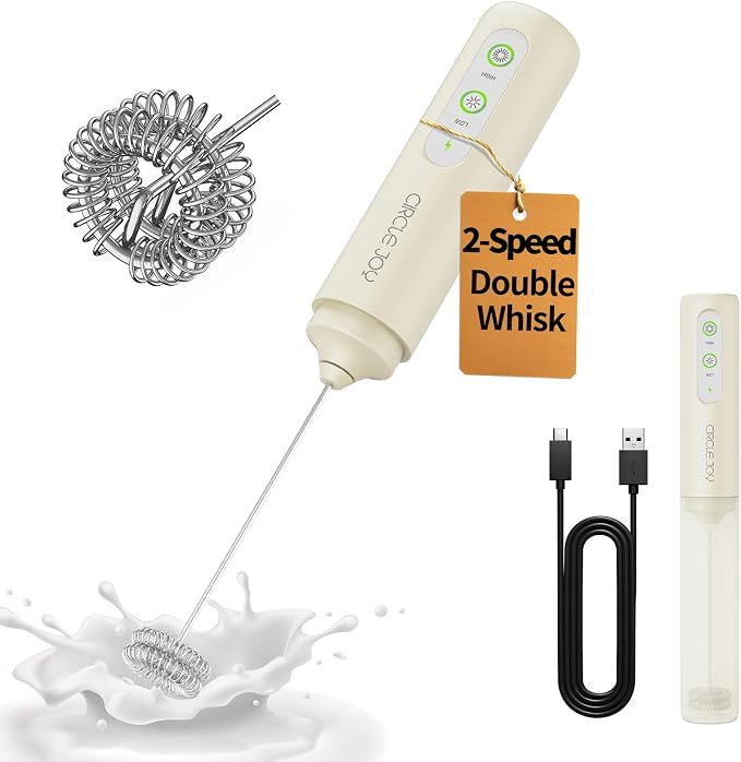CIRCLE JOY Rechargeable 2-Speed Milk Frother with Dual Spring Whisk, Electric Coffee Frother Handheld, Portable Mixer Wand for Protein Powder Matcha Lattes Cappuccino, Home Kitchen Gifts