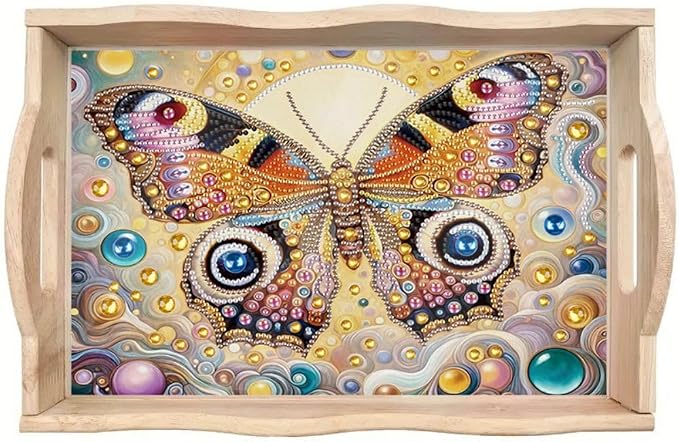 DIY Diamond Serving Tray Rectangular Breakfast Tray with Handle Handmade Diamond Art Painting Wooden Tray for Dinner Plate Coffee Room Living Home Organizer-Butterfly