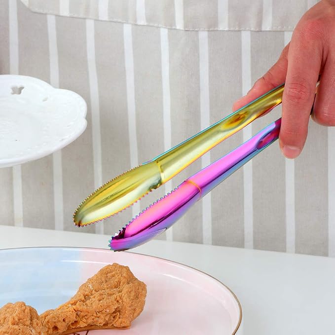 Stainless Steel Cooking Tongs for Frying, 9 Inches Serving Tongs Appetizers Charcuterie with Teeth for Parties, Food Tongs Kitchen Tongs for Nonstick Cookware, Set of 2 (Rainbow)
