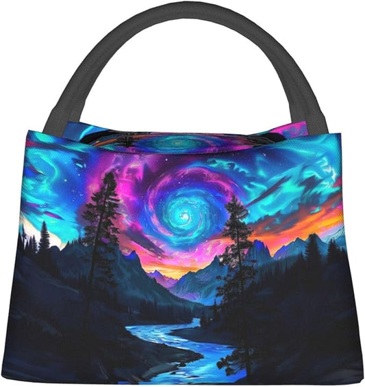 Cosmic Spiral Sky Lunch Box for Women Adults Insulated Colorful Galaxy Swirl Mountain Silhouette Lunch Bag for Work Picnic Camping Travel Gifts Large Capacity Cooler Thermal Reusable Tote Makeup Bags
