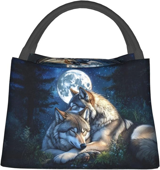 Moonlit Sleeping Wolf Lunch Box for Women Girls Adults Insulated Night Forest Peaceful Wildlife Lunch Bag for Work Picnic Camping Travel Gifts Large Capacity Cooler Thermal Reusable Tote Makeup Bags