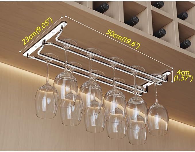 CAKERS Under Cabinet Hanging Stemware Display Rack|304 Stainless Steel Wine Glass Holder|Wine Glass Storage Organizer Hanger,2 Rows,50cm(19.6in)