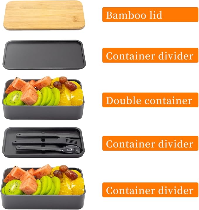 Bento Box Adult Lunch Box with lunch bag, Japanese Stackable Lunch Box Containers for Adult, Bento lunch Box with Dividers Black