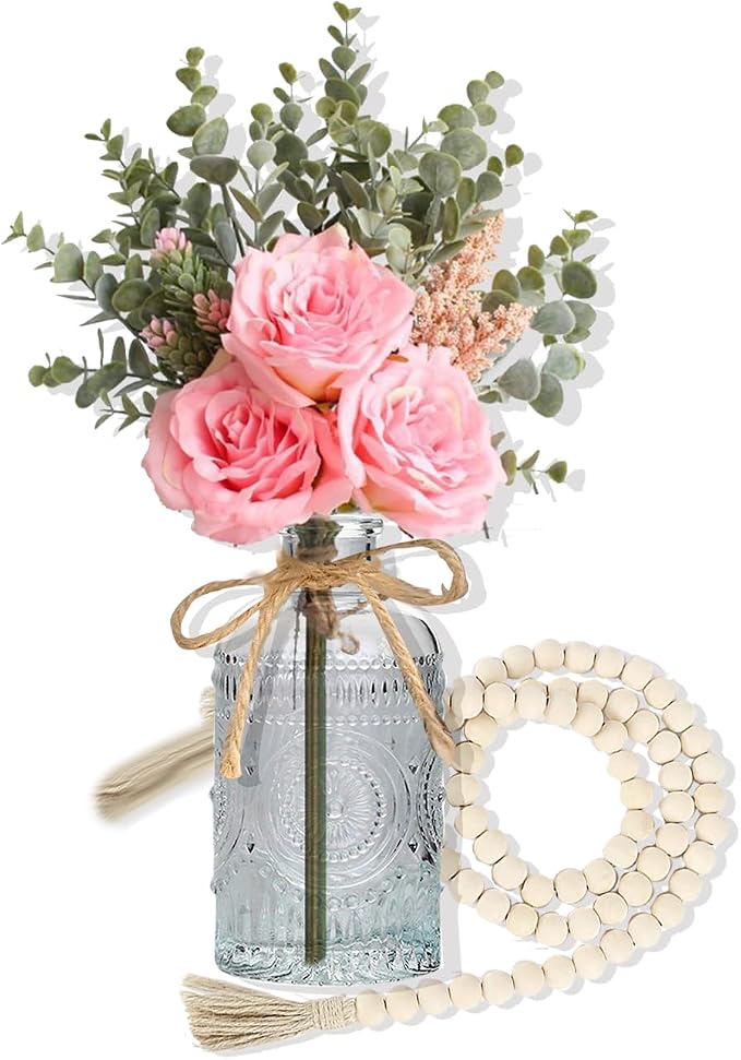 Fake Flowers with Vase, Silk Roses Artificial Flowers in Vase, Faux Flower Arrangement with Vase Suitable for Home Office Decoration, Dining Table Centerpiece (Pink Faux Flower+Bead Garland)