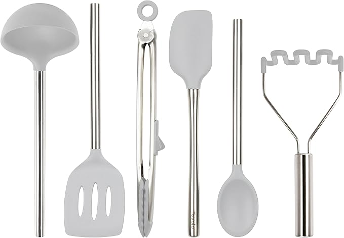 Tovolo Silicone Cooking Utensil Set of 6 Stainless Steel Handle Ladle Slotted Turner Tongs Flex Core Spatula Scraper Mixing Spoon & Potato Masher, Dishwasher Safe BPA Free Utensils, Oyster Gray