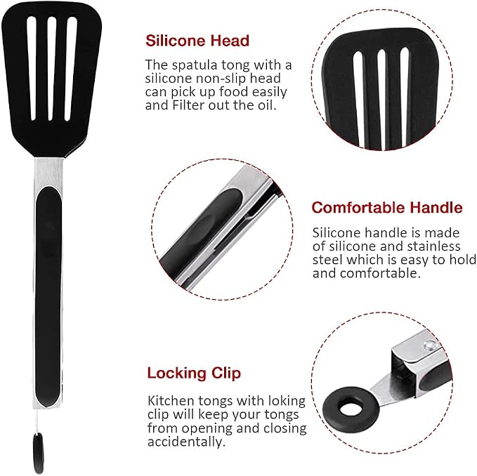 Mini Silicone Serving Tongs Set of 3, Small Kitchen Tongs (7 inch) with Silicone Tips and Stainless Steel Handle, Cooking Tongs for Salads, Pasta, Steaks, Vegetables