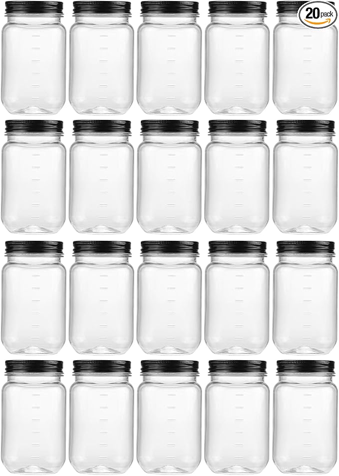 novelinks 16 oz Clear Plastic Jars with Lids, Refillable 16oz Mason Jars with Lids & Storage Containers for Kitchen & Household Use (20 Pack,Black)