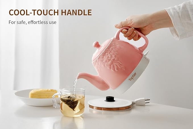 Toptier Electric Ceramic Tea Kettle, Boil Water Quickly and Easily, Detachable Swivel Base & Boil Dry Protection, Carefree Auto Shut Off, 1 L (1 LITER, Light Pink)