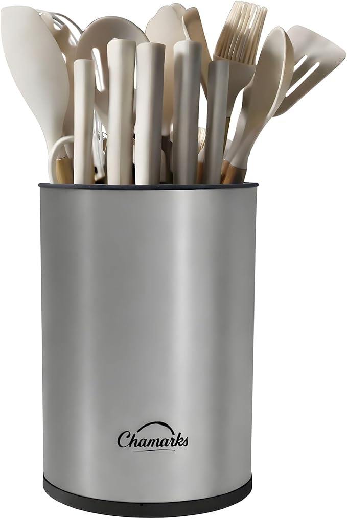 3-in-1 Kitchen Utensil Holder for Countertop with Knife Block and Silverware Caddy. (Gray)