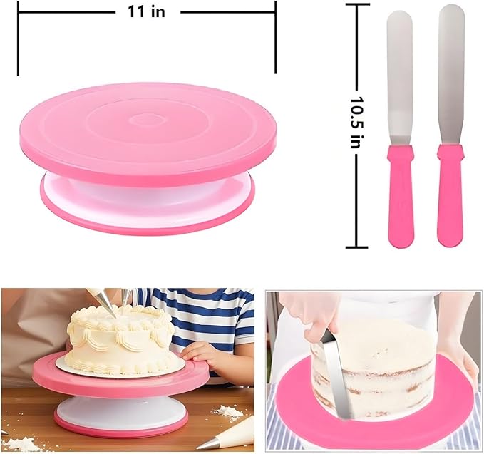 Cake Decorating Kit, 390 Pcs Baking Supplies Tools with Cake Turntable, Leveler, 55 Numbered Icing+Skirt Tips, 2 Spatulas, 3 Scrapers, 100 Pastry Bags,150 Cupcake Liners & More, (Pink)