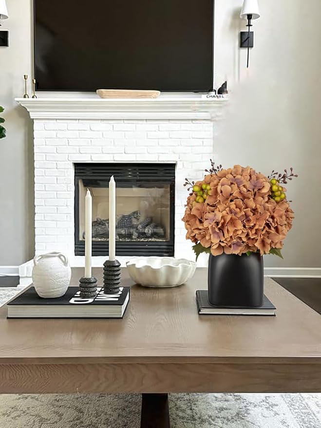 Briful Hydrangea Artificial Flowers in Black Square Ceramic Pot, Brown Silk Hydrangea Flowers Realistic Potted Fake Flowers with Berries for Home Decor Indoor Wedding Table Centerpieces