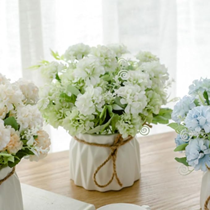 TKAS Fake Flowers Arrangement in Ceramic Vase, Artificial Faux Silk Hydrangea, Small Realistic Dried-Style Floral, Dining Table Centerpiece for Wedding Party Home Decoration (Green)