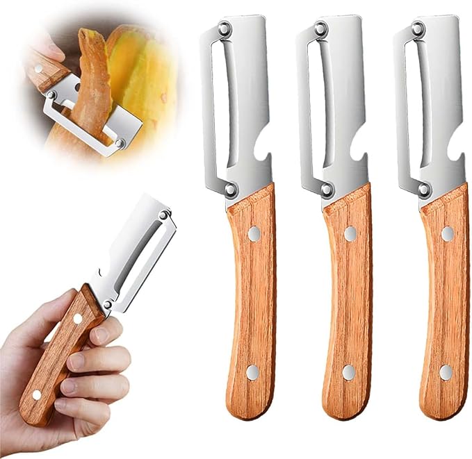 Multi-Functional Vegetable Peeler for Kitchen, 2026 New Wooden Handle and Bottle Opener with Ultra-Sharp Stainless Steel Blade, For Vegetables or Fruits that Need to Be Peeled (3 PCS)