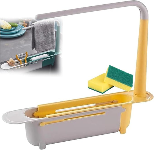 2026 Updated Telescopic Sink Storage Rack Adjustable, Kitchen Organizer Soap Sponge Holder with Dishcloth Hange, Expandable Length Sink Rack Holder for Home Kitchen (Yellow)