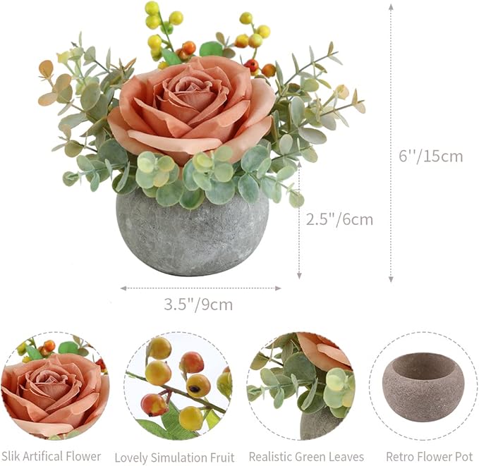 Small Artificial Orange Rose Potted Plant, 6" Fake Silk Flowers in 3.5" Round Pot, Mini Faux Floral Arrangement for Desk Shelf Bathroom Decor