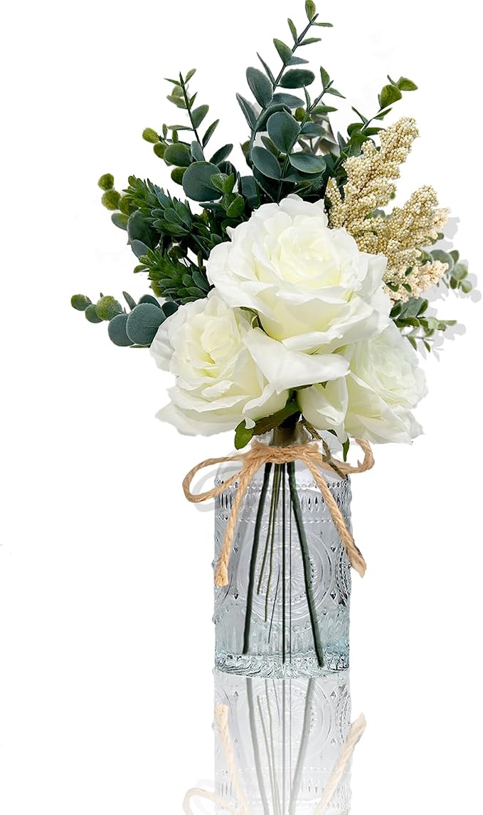 Faux Flowers with Vase, Artificial Roses in Vase, Fake Plant Eucalyptus Flower Arrangement for Home Office Farmhouse Dining Table Centerpiece Decorations Coffee Table Decor (White)
