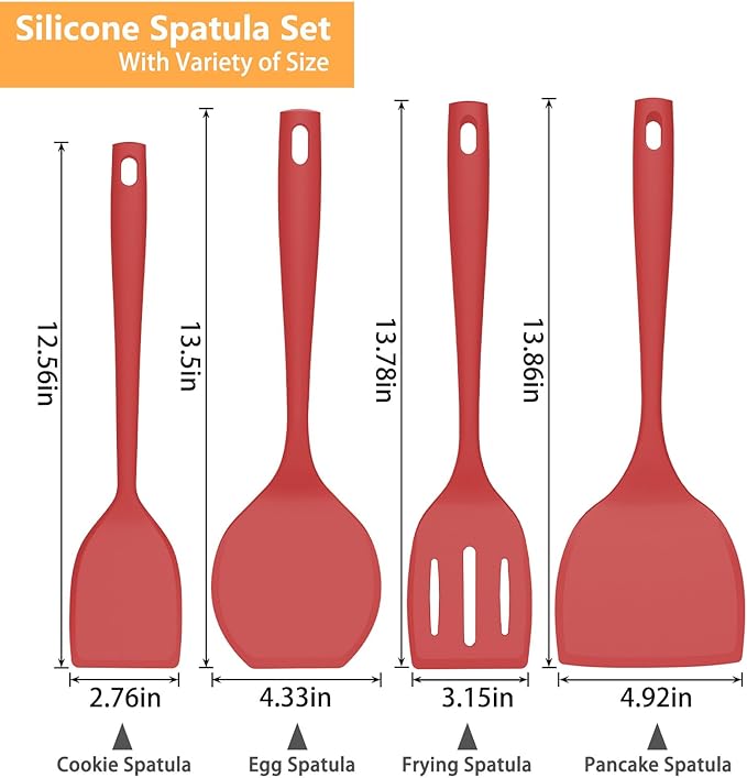 Pancake Silicone Spatula Set, Flexible Turner Spatulas for Flipping, BPA Free, Non Stick and Non Scratch Great for Egg, Fish, Burgers, Dishwasher Safe (4 Pack, Red)