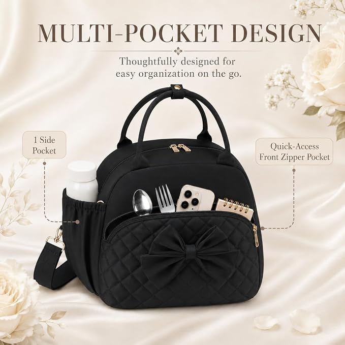 LEDAOU Lunch Box for Women, Insulated Lunch Bag Women with Adjustable Shoulder Strap, Cute Black Lunch Tote Bag for Work, Womens Lunch Bag with Bowknot, Front Zipper Pocket & Side Pockets