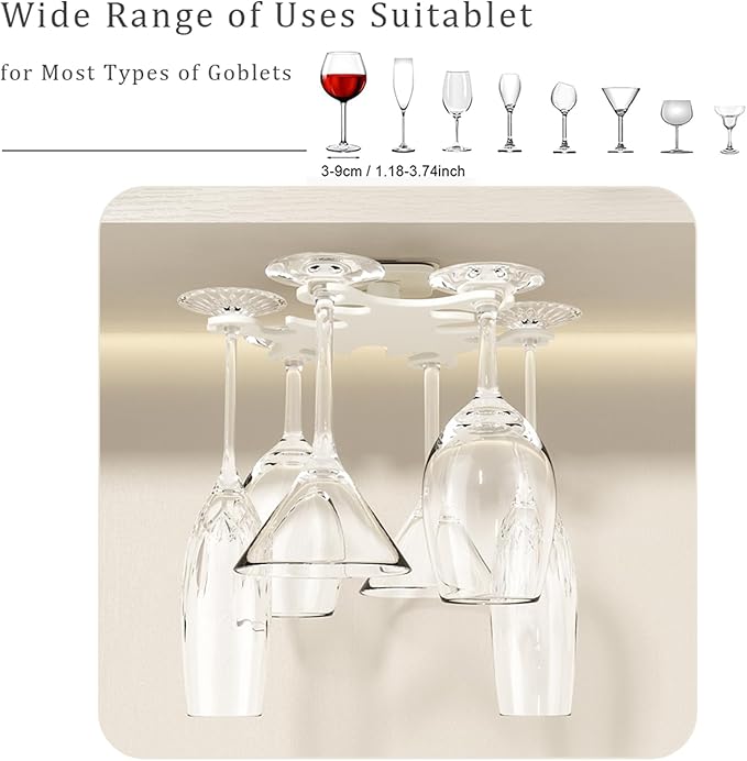 Under Cabinet Wine Glass Holder, 360° Infinitely Rotating Wine Glass Holder, No Drilling Wine Glass Rack for Kitchen, Dining and Bar.(White)