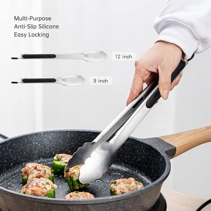 9 & 12 Inch Kitchen Tongs, Stainless Steel Metal Tongs Cooking Tongs, for Cooking Barbecue, BBQ Grilling, Buffet Serving (9"+12") | For Cooking/Serving/Grilling | Heat-Resistant | Dishwasher Safe