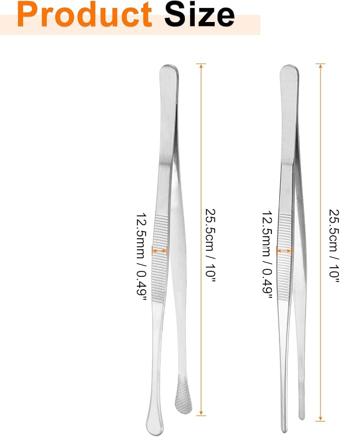 HARFINGTON 2pcs 10 Inch Fine Tweezer Tongs Extra-Long Stainless Steel Non-Slip Kitchen Cooking Tweezers Tongs with Round Tip for Repairing Roasting Barbecue Baking