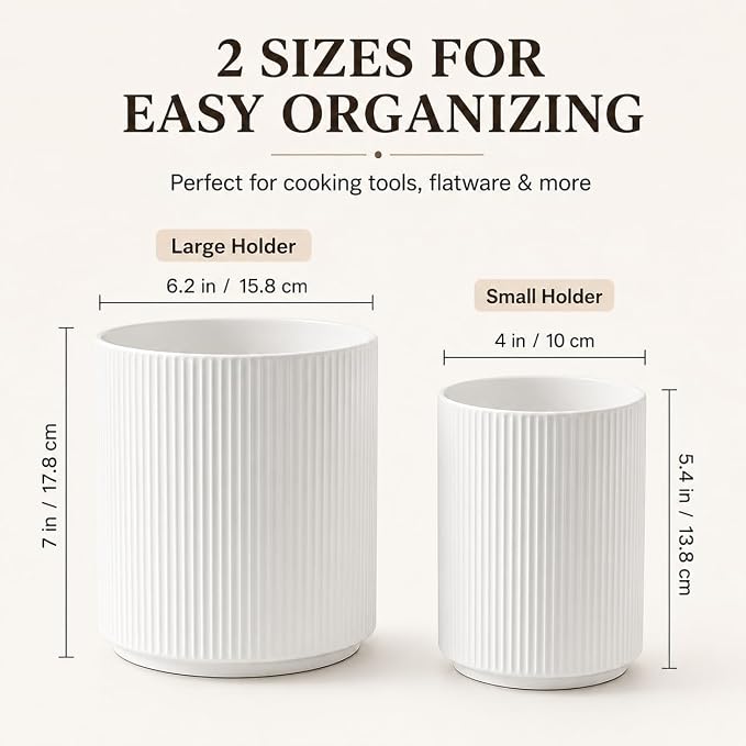 Utensil Holder,Ceramic Kitchen Utensils Holder for Countertop-Set of 2 | Utensil Crock for Kitchen Counter for Forks,Spatulas, Spoons,Ideal Housewarming Gifts & Mothers Day Gift-White