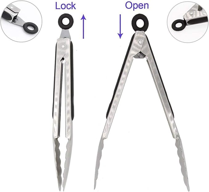 304 Stainless Steel Kitchen Cooking Tongs, 9" and 12" Set of 4 Sturdy Grilling Barbeque Brushed Locking Food Tongs with Ergonomic Grip, Black