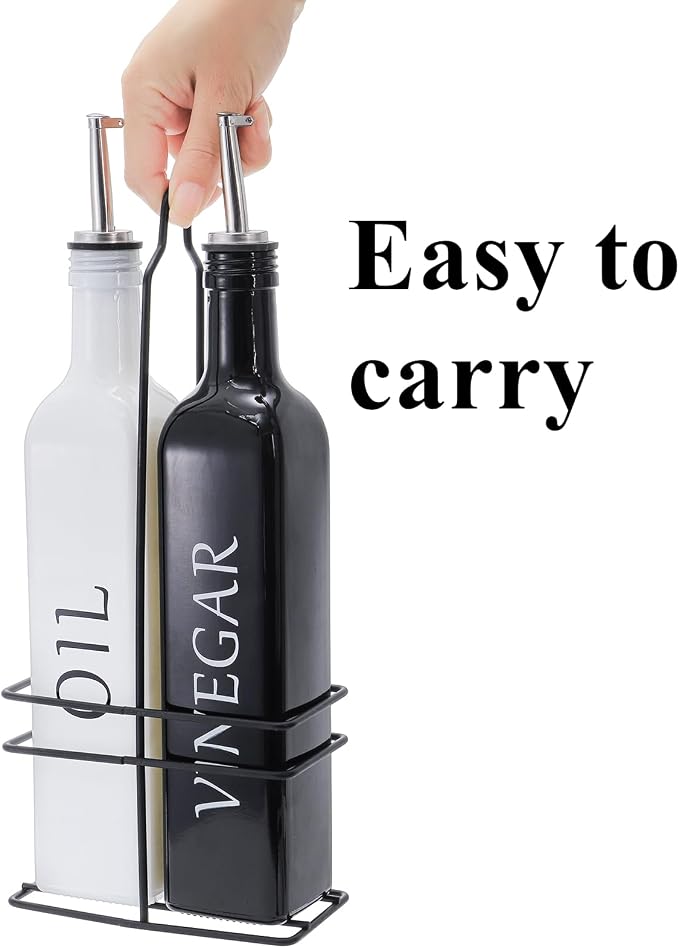 Tebery 2 Pack Oil and Vinegar Dispenser Set with Caddy Holder, 17oz Black & White Olive Oil Dispenser Bottle, Cute Modern Vintage Glass Cruet for Kitchen