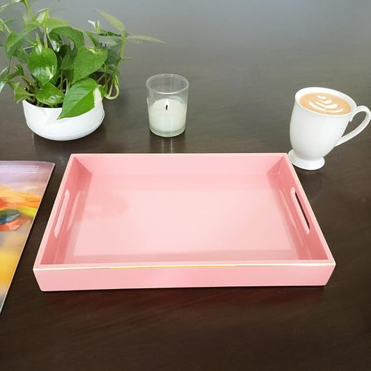 Handcrafted Wooden Serving Tray | Tray with Handle for Snacks, Tea, Kitchen, Coffee Table, Dining | High Gloss Finish with Gold Trim |12.25 x 7.75 x 1.5 inches (Baby Pink)
