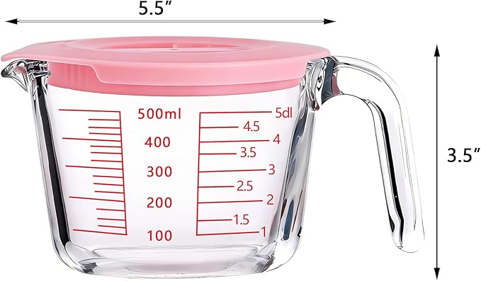 Glass Measuring Cups with Lids Set, Borosilicate Glass V-Shaped Spout Microwave Safe Scales Milk Cup for Cooking Baking (Pink, 2CUP)