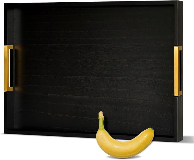 22" x 15.75" Black Wooden Serving Tray with Golden Metal Handles, Large Rectangular Wood Ottoman Tray for Living Room, Coffee Station, Ottoman Table