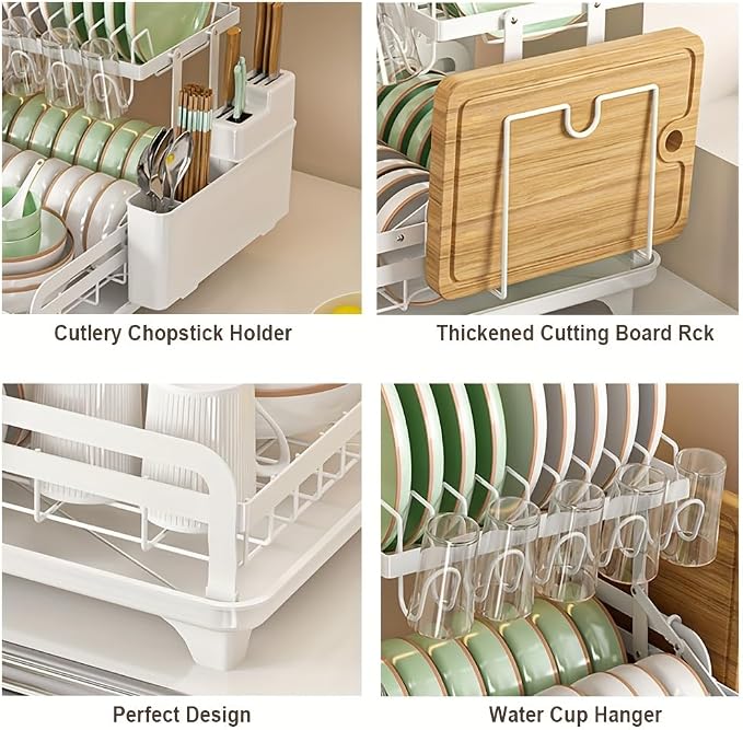 2 Tier Dish Drying Rack Automatic Drainage Board Space-Saving for Kitchen Counter with Cups Holder