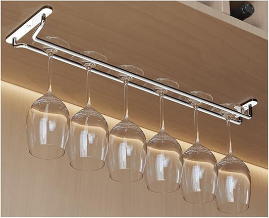 CAKERS Under Cabinet Hanging Stemware Display Rack|304 Stainless Steel Wine Glass Holder|Wine Glass Storage Organizer Hanger,1 Rows,55cm(21.6in)