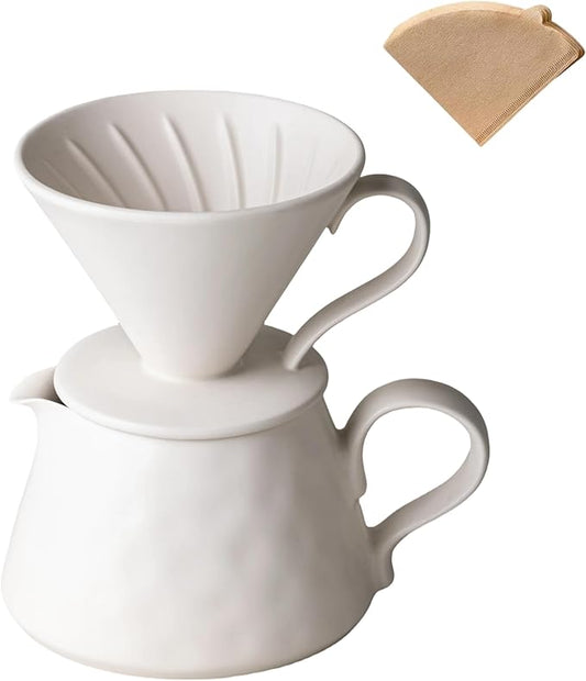 Pour Over Coffee Maker,Ceramic Coffee Maker With 40 pcs Paper Filter，15oz/450ml Ceramic Pour Over Coffee Dripper（Off White）